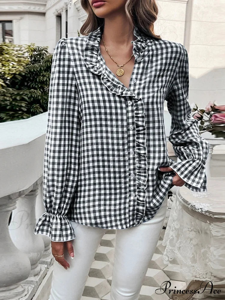 Checkered Frilled Plunging Neckline Top blouse-250223