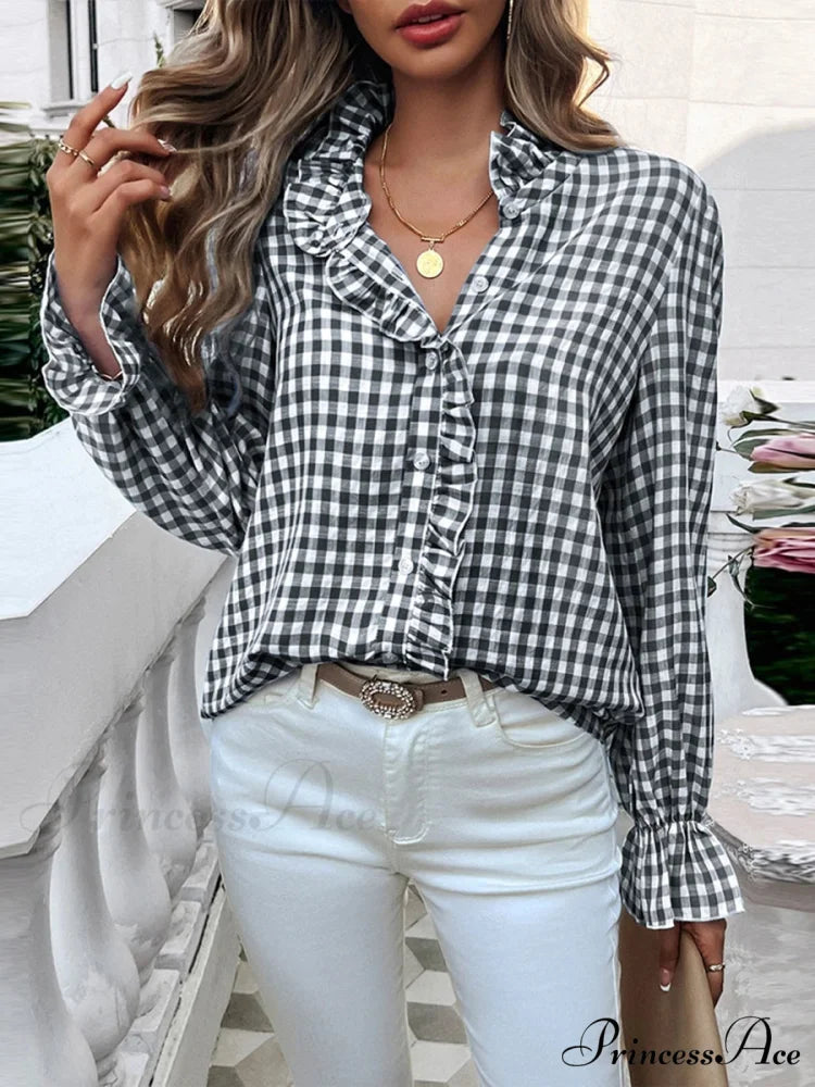 Checkered Frilled Plunging Neckline Top blouse-250223