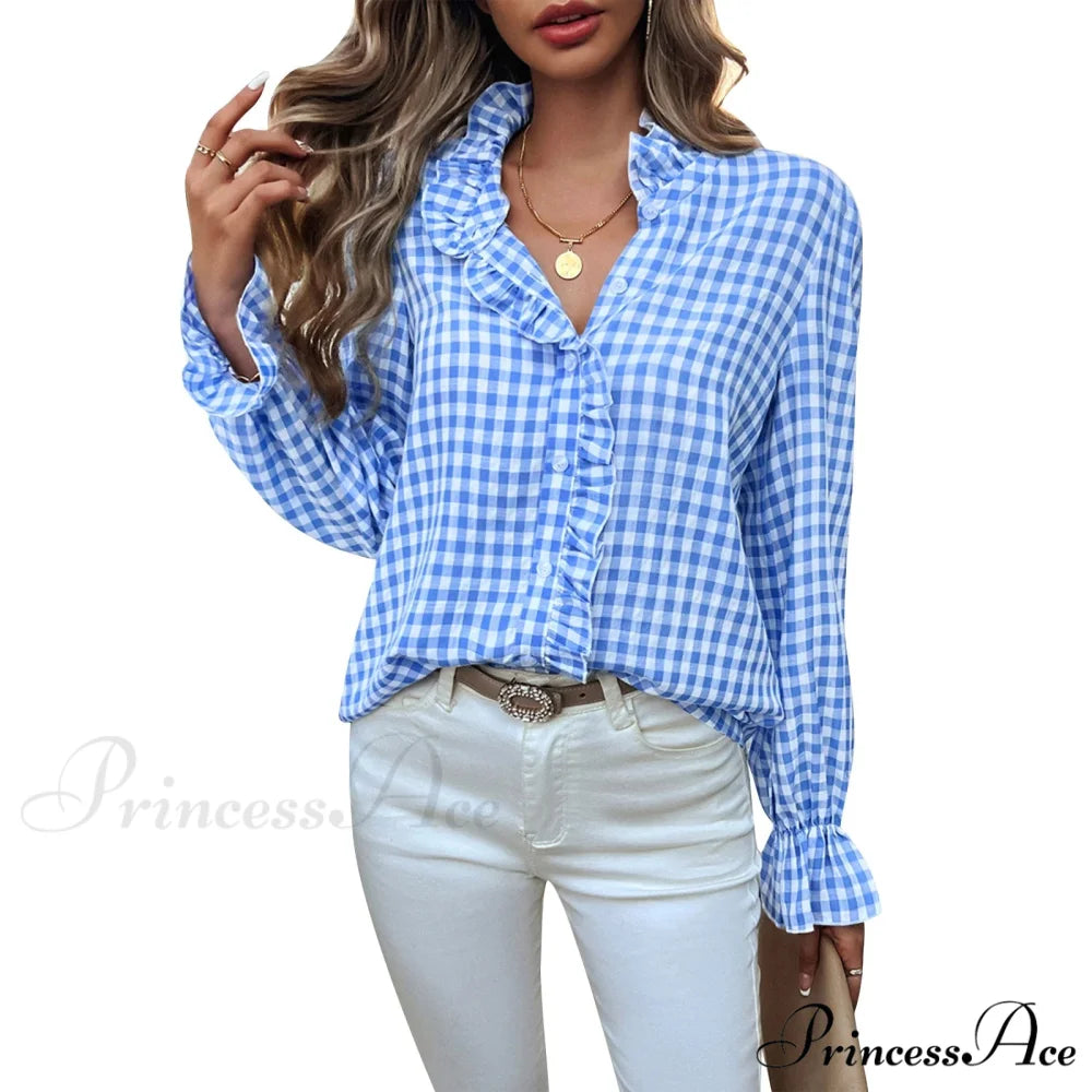 Checkered Frilled Plunging Neckline Top blue / S blouse-250223