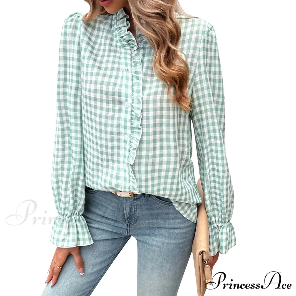 Checkered Frilled Plunging Neckline Top green / S blouse-250223