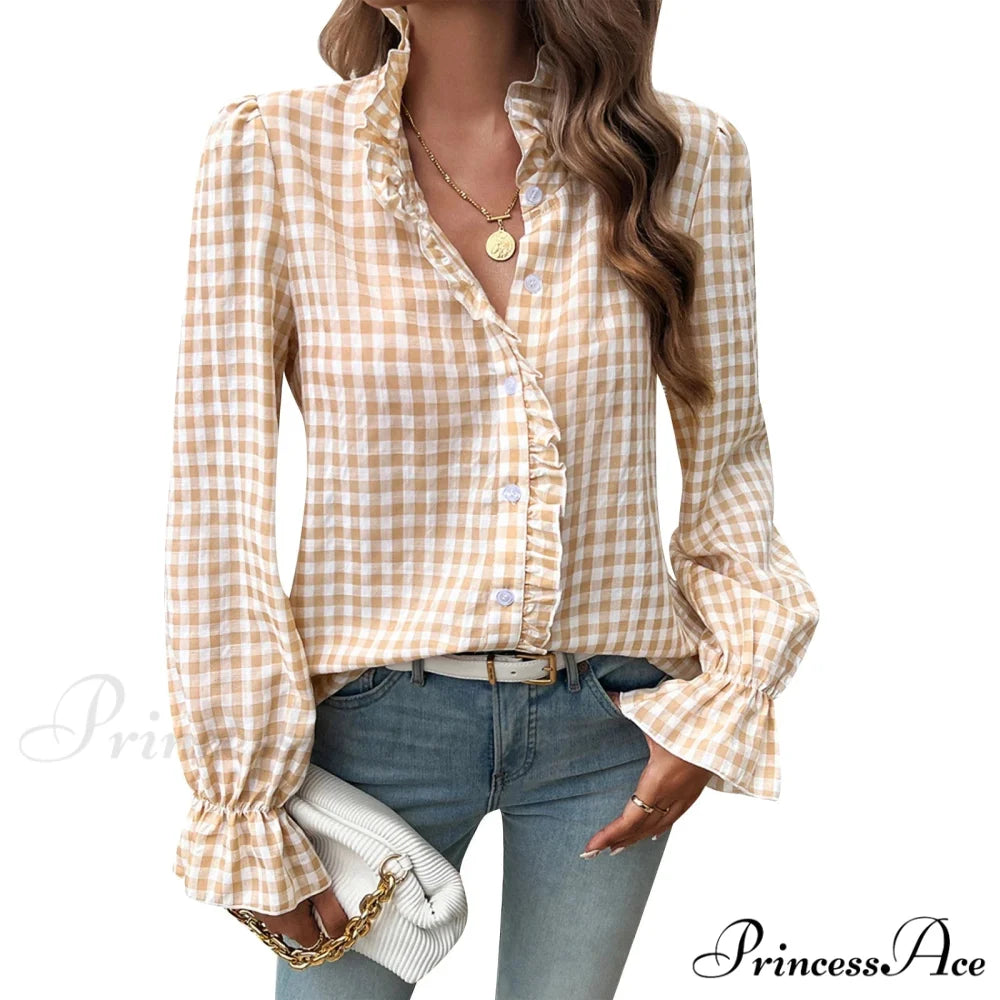 Checkered Frilled Plunging Neckline Top white / S blouse-250223