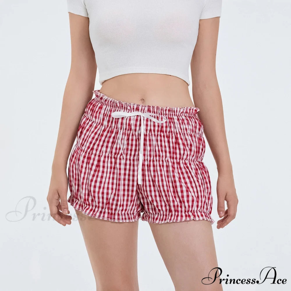 Checkered Frilled Sleepwear Bloomer Short Red / S short-250223