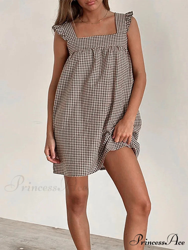 Checkered Frilled Square Neck Short Dress Light Brown / S minidress-250223