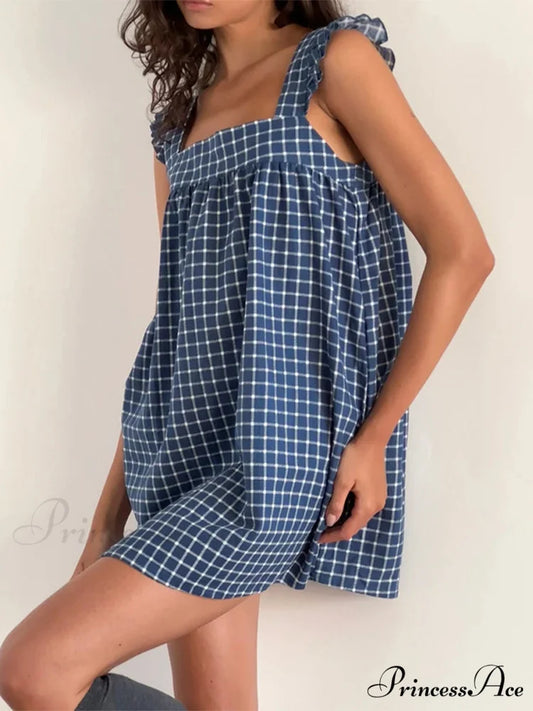Checkered Frilled Square Neck Short Dress minidress-250223