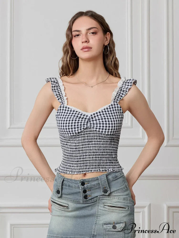 Checkered Frilled Strap Sweetheart Lace Trim Cropped Tank Top BLACK / S croptop-250126