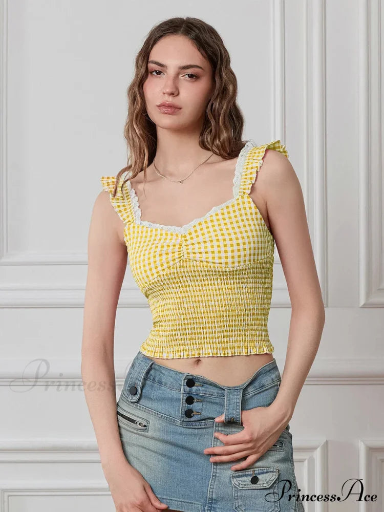 Checkered Frilled Strap Sweetheart Lace Trim Cropped Tank Top croptop-250126