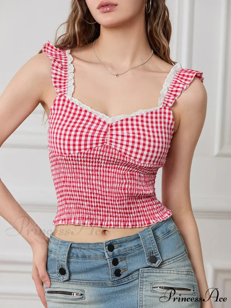 Checkered Frilled Strap Sweetheart Lace Trim Cropped Tank Top croptop-250126