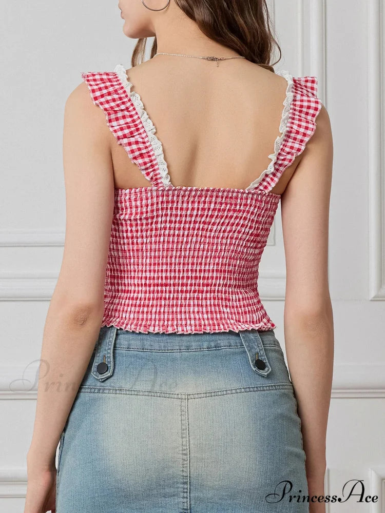 Checkered Frilled Strap Sweetheart Lace Trim Cropped Tank Top croptop-250126