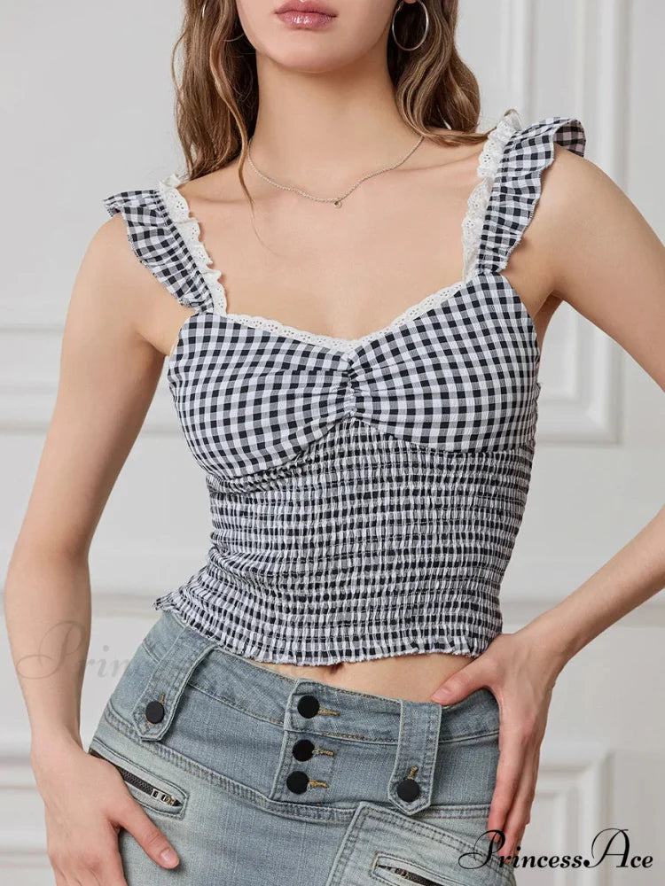 Checkered Frilled Strap Sweetheart Lace Trim Cropped Tank Top croptop-250126