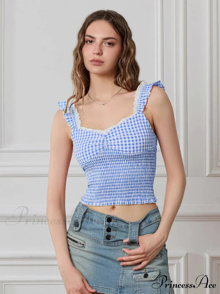 Checkered Frilled Strap Sweetheart Lace Trim Cropped Tank Top GREEN / S croptop-250126