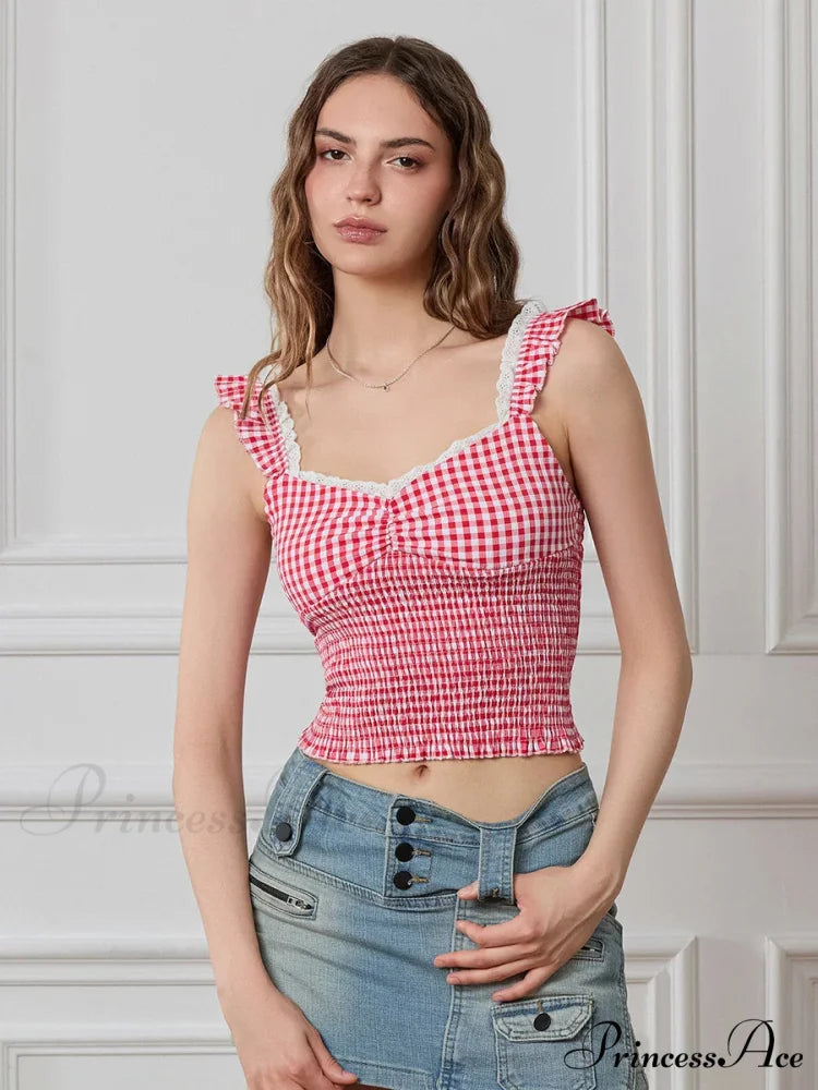 Checkered Frilled Strap Sweetheart Lace Trim Cropped Tank Top PINK / S croptop-250126