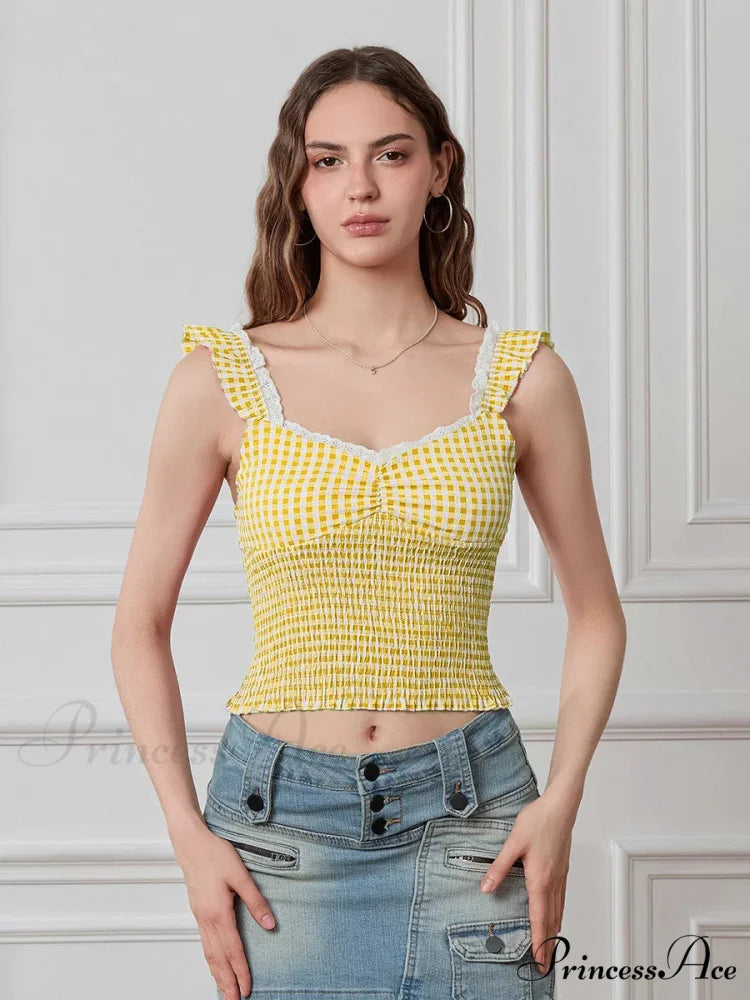 Checkered Frilled Strap Sweetheart Lace Trim Cropped Tank Top YELLOW / S croptop-250126