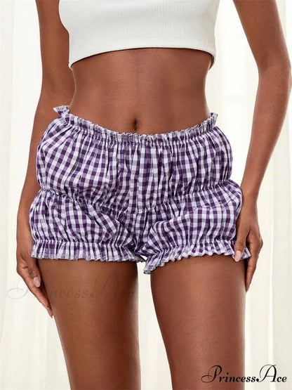 Checkered Gathered Frilly Bloomer Short purple / S short-250223