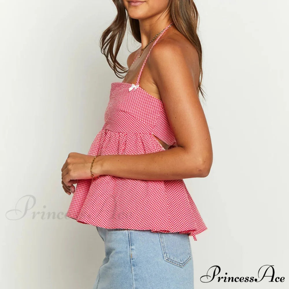 Checkered Halter Bind-Up Crop Top croptop-250223