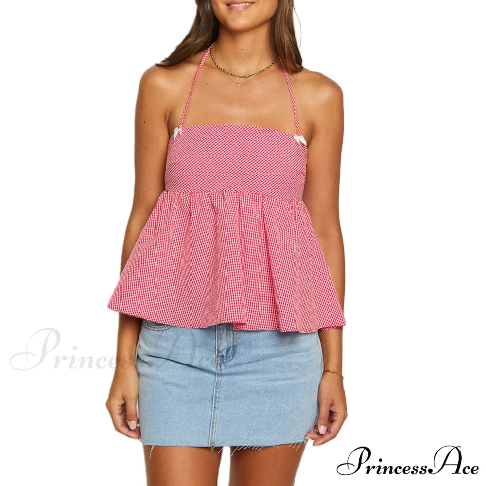 Checkered Halter Bind-Up Crop Top croptop-250223