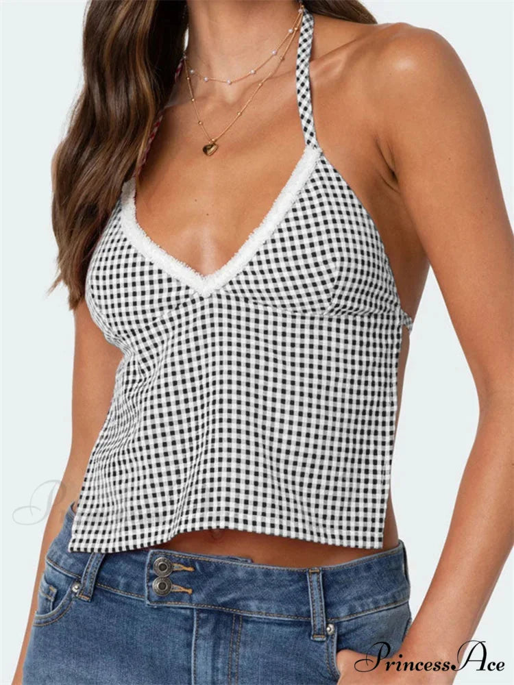 Checkered Halter Open Back Low-cut Crop Top BLACK / S croptop-250126