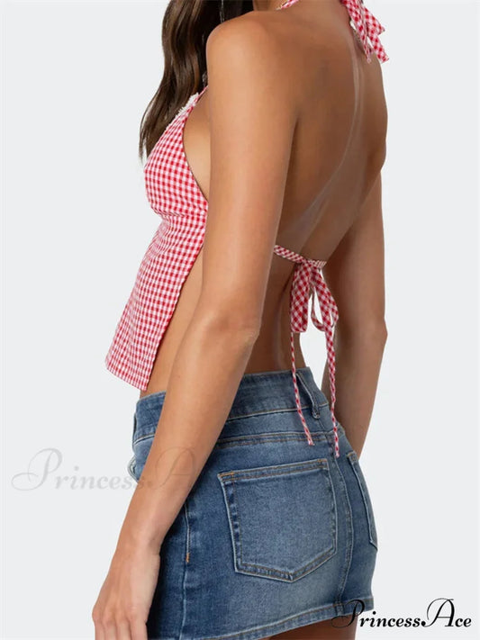 Checkered Halter Open Back Low-cut Crop Top croptop-250126