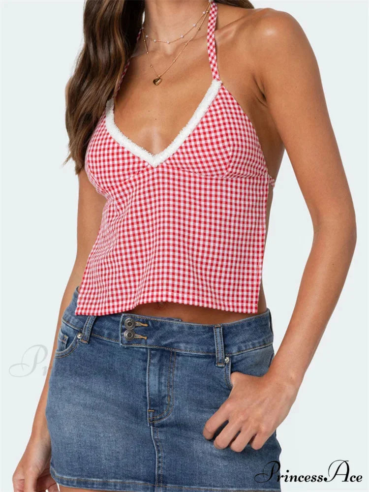 Checkered Halter Open Back Low-cut Crop Top PINK / S croptop-250126