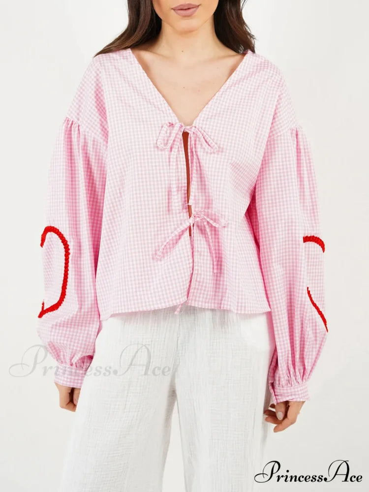 Checkered Heart Trim Fasten Blouse blouse-250223