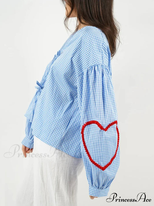 Checkered Heart Trim Fasten Blouse blouse-250223