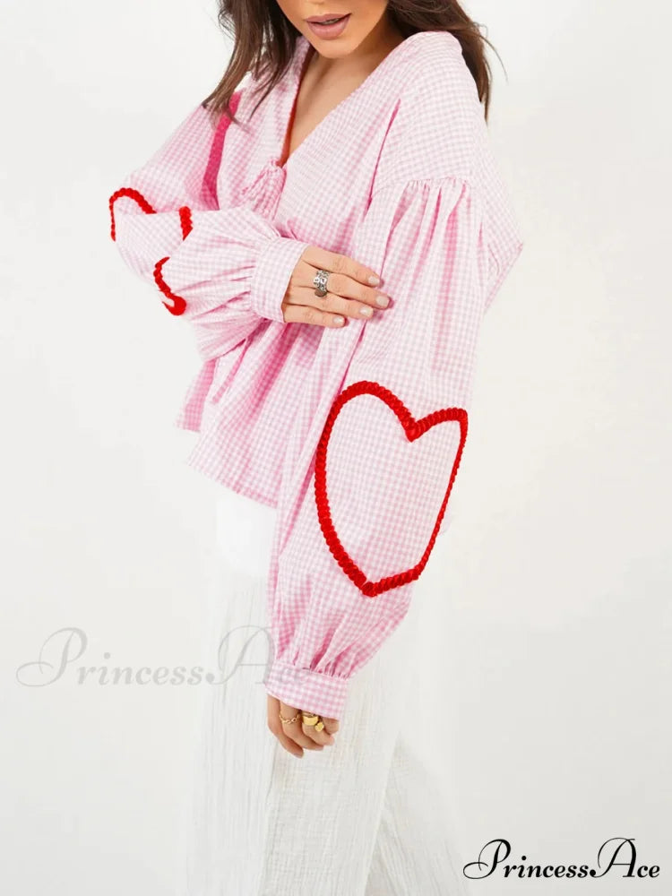 Checkered Heart Trim Fasten Blouse blouse-250223