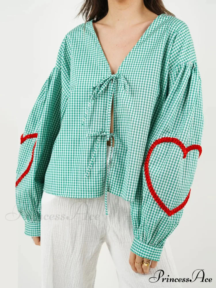 Checkered Heart Trim Fasten Blouse blouse-250223
