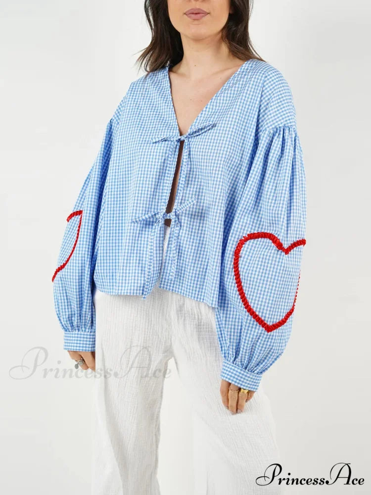 Checkered Heart Trim Fasten Blouse Blue / S blouse-250223