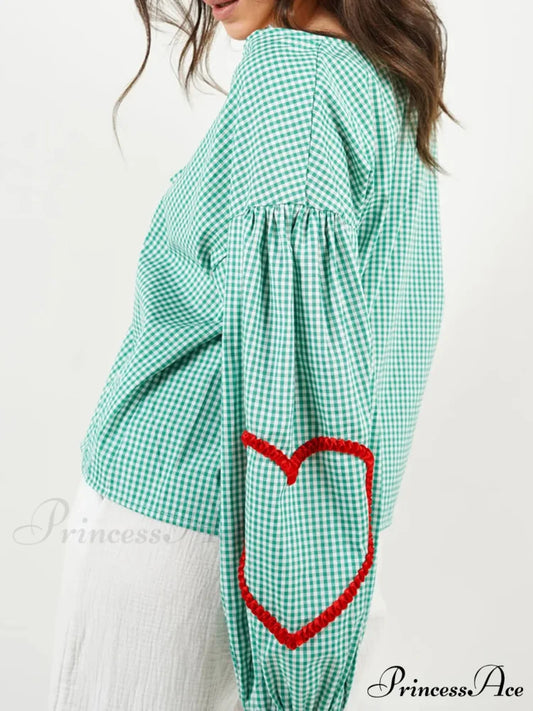 Checkered Heart Trim Fasten Blouse Green / S blouse-250223