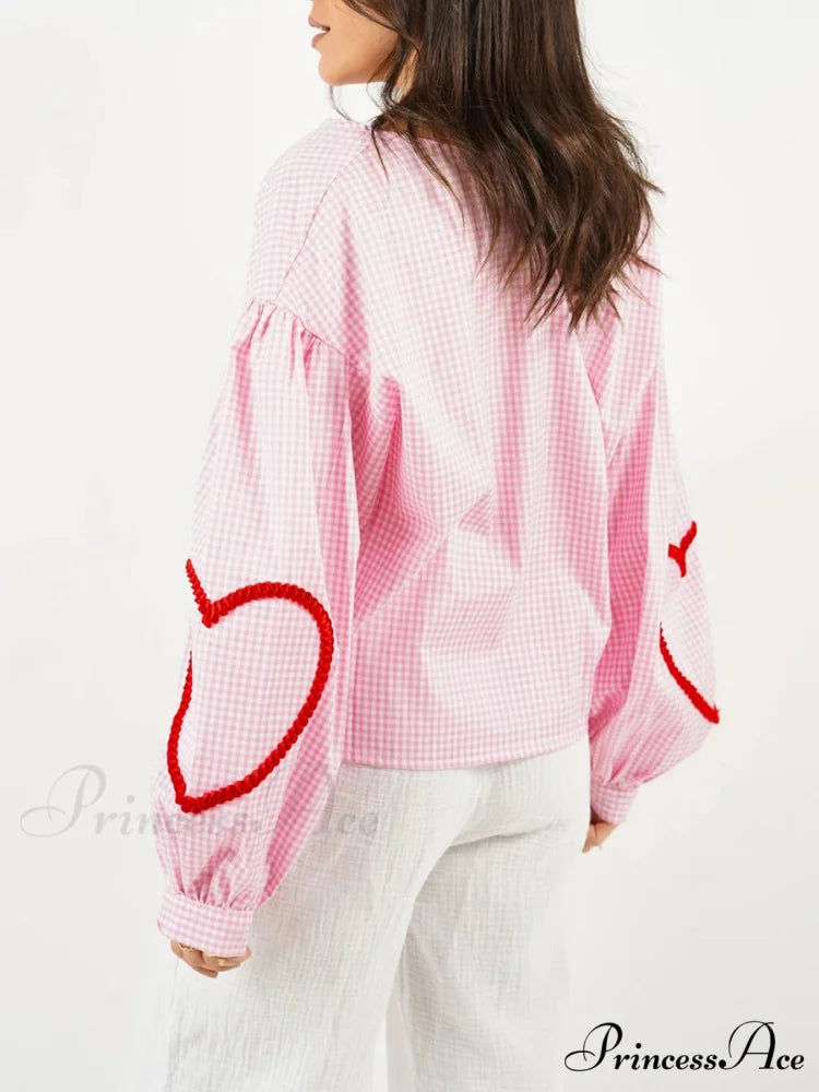 Checkered Heart Trim Fasten Blouse Pink / S blouse-250223