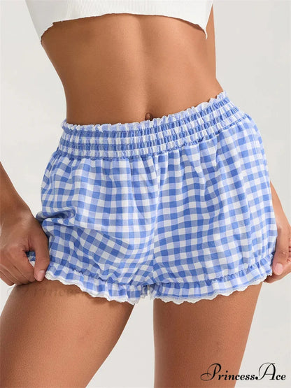 Checkered Lace Frill Bloomer Short blue / S short-250223