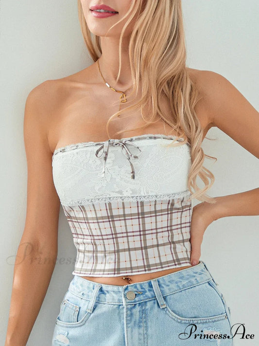 Checkered Lace Patchwork Off-the-shoulder Bandeau Top croptop-250126