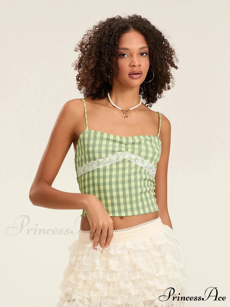 Checkered Lace Patchwork Thin Strap Deep-neck Crop Top croptop-250126