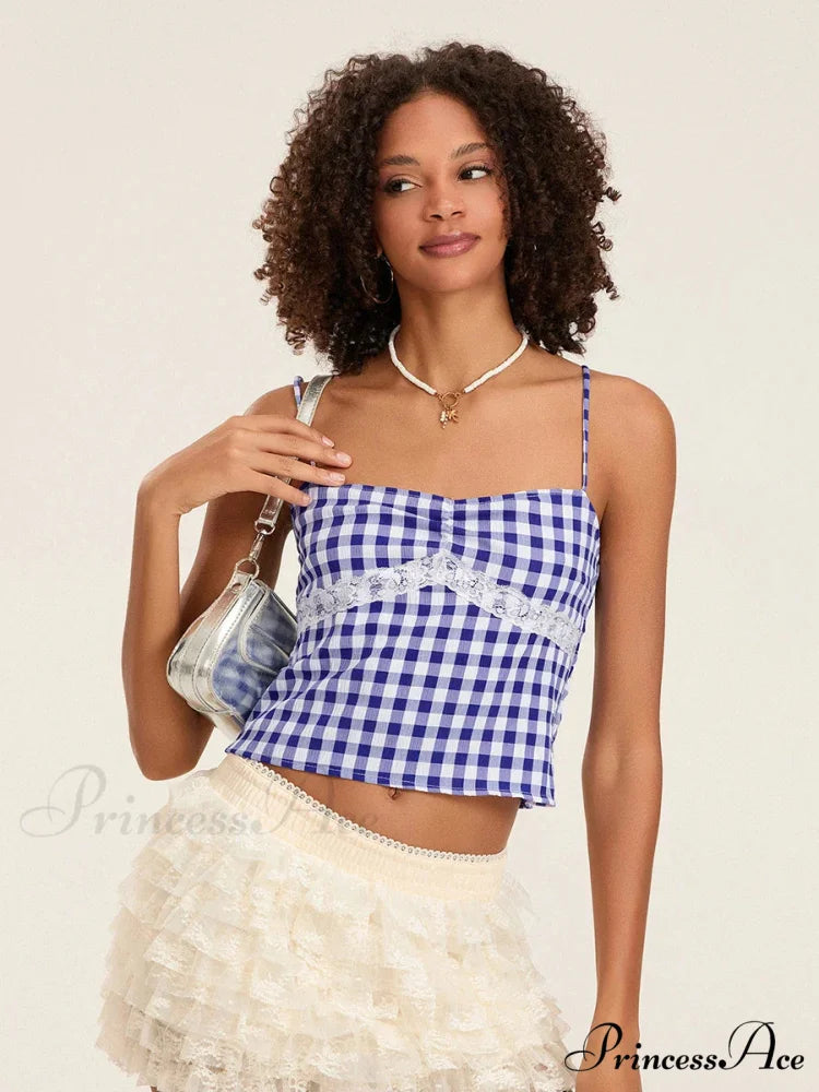 Checkered Lace Patchwork Thin Strap Deep-neck Crop Top croptop-250126