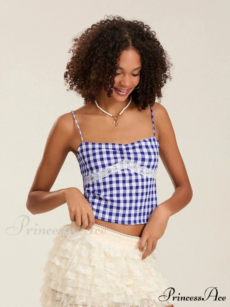 Checkered Lace Patchwork Thin Strap Deep-neck Crop Top croptop-250126