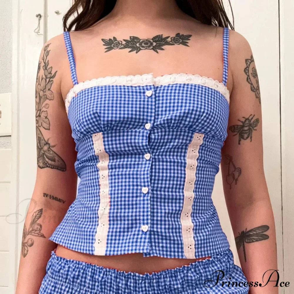 Checkered Lace Trim Cropped Blouse croptop-250223