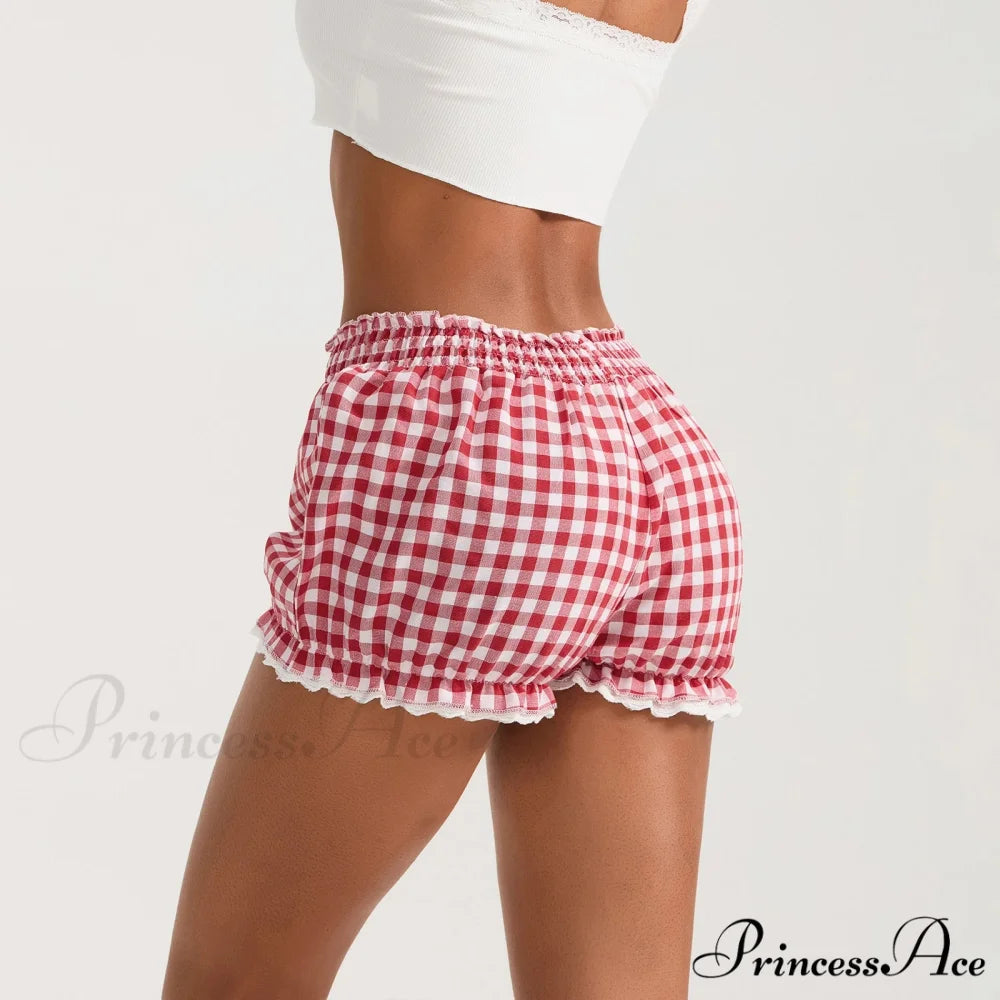 Checkered Lace Trim Flexible Waist Short short-250223