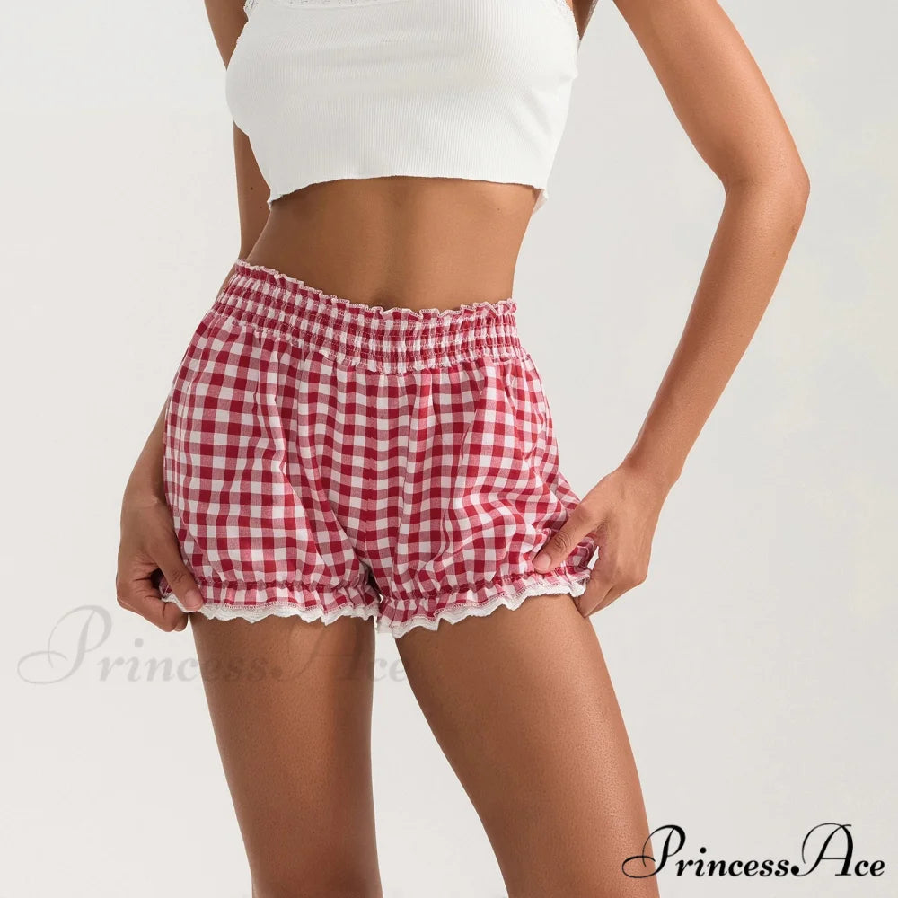 Checkered Lace Trim Flexible Waist Short short-250223