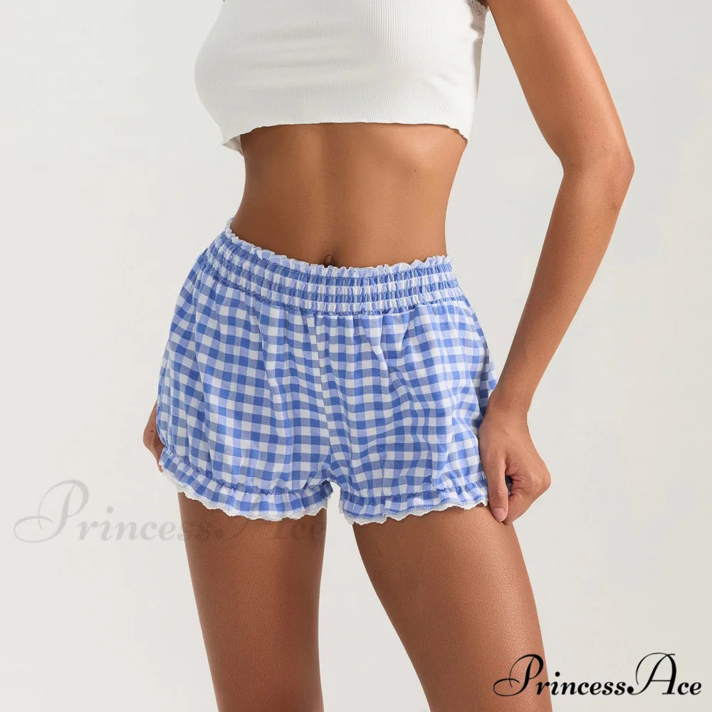 Checkered Lace Trim Flexible Waist Short short-250223