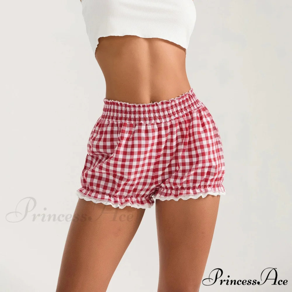 Checkered Lace Trim Flexible Waist Short pink / S short-250223
