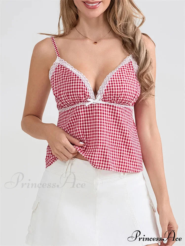 Checkered Lace Trim Thin Strap Tank Crop Top croptop-250126