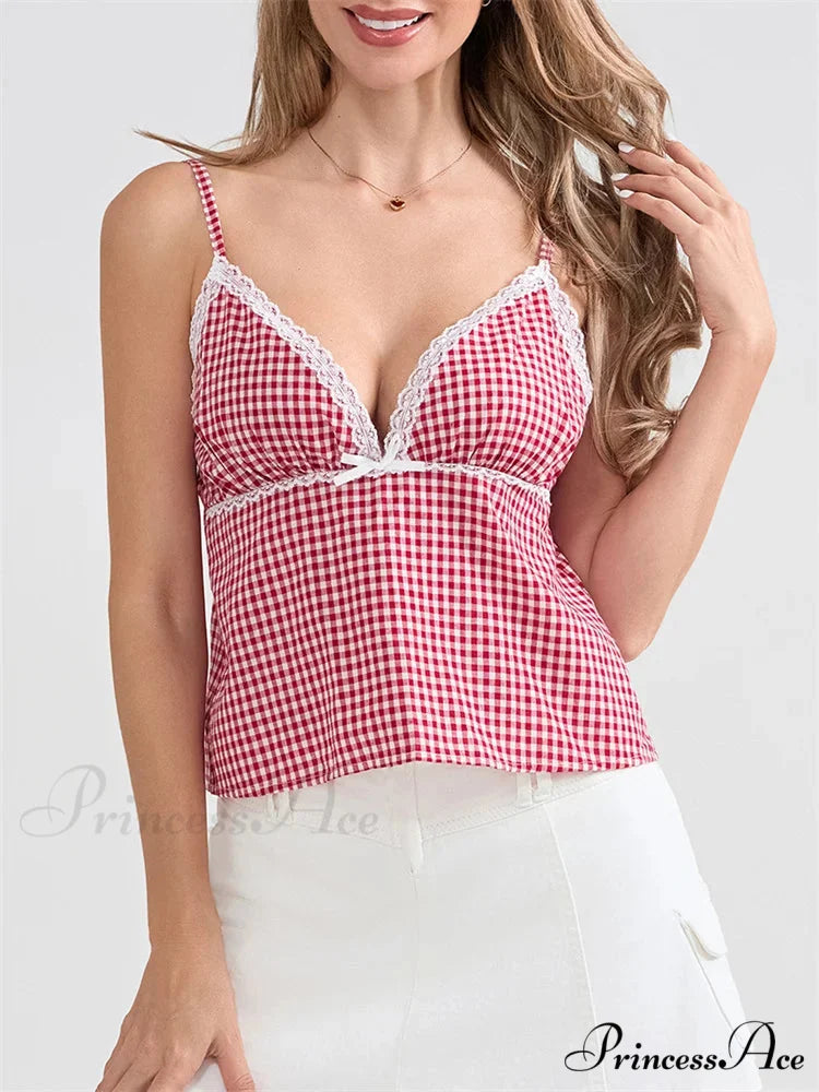 Checkered Lace Trim Thin Strap Tank Crop Top croptop-250126