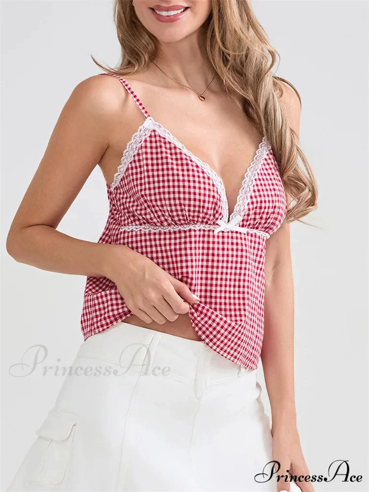 Checkered Lace Trim Thin Strap Tank Crop Top croptop-250126