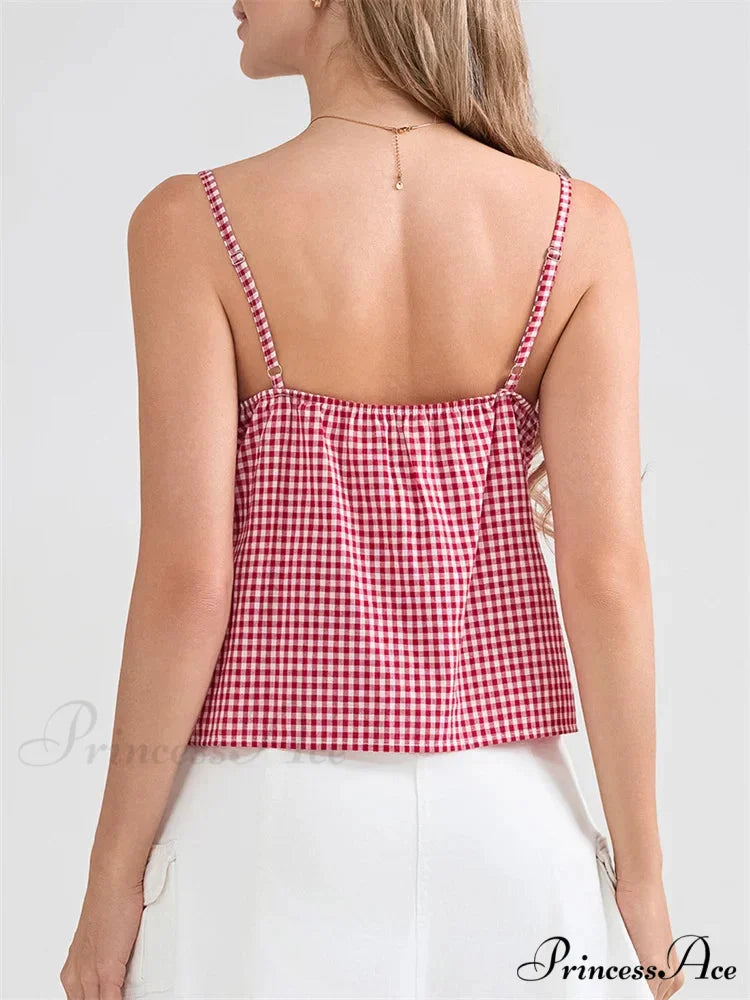 Checkered Lace Trim Thin Strap Tank Crop Top croptop-250126