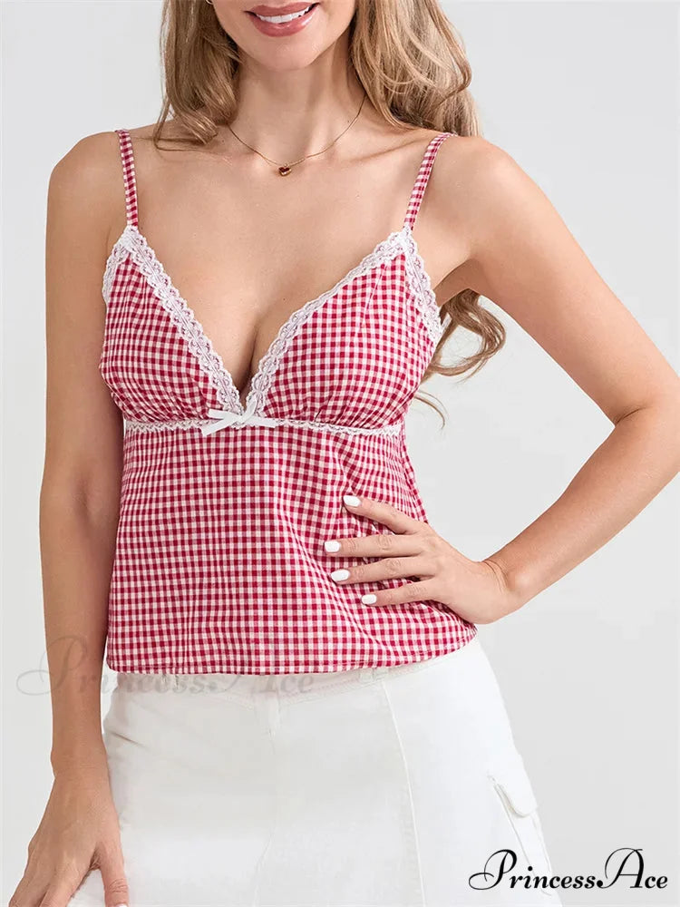 Checkered Lace Trim Thin Strap Tank Crop Top croptop-250126