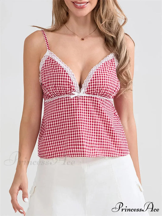 Checkered Lace Trim Thin Strap Tank Crop Top PINK / S croptop-250126