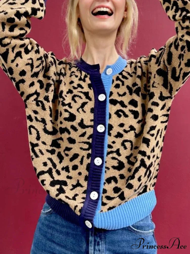 Checkered Lantern Sleeve Knit Cardigan brown / S cardigans-241228