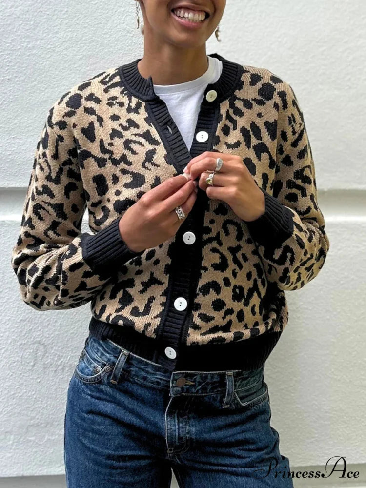 Checkered Lantern Sleeve Knit Cardigan coffee / S cardigans-241228