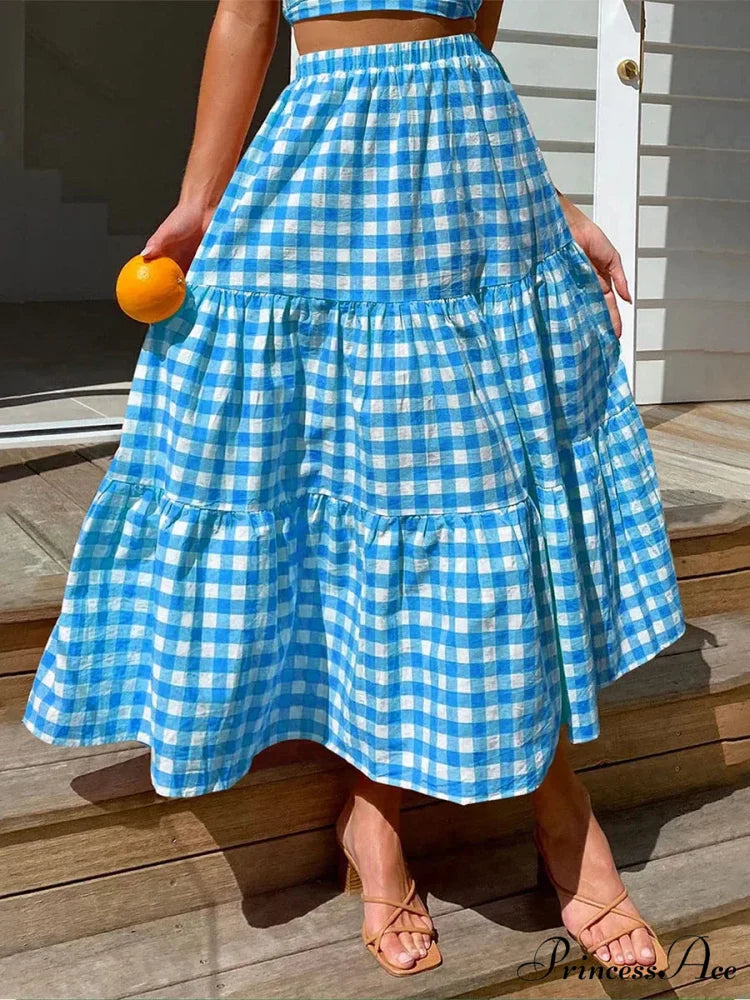 Checkered Layered Patchwork Skirt Blue / S skirts-250223