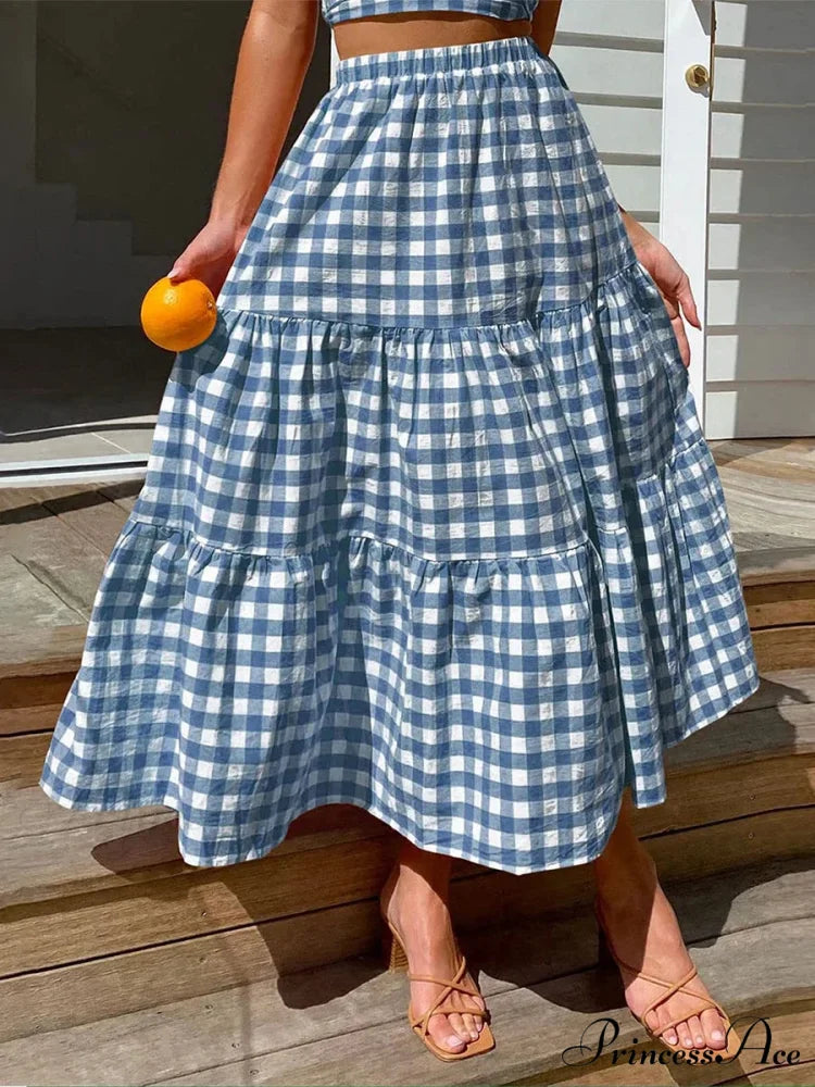 Checkered Layered Patchwork Skirt DEEP BLUE / S skirts-250223