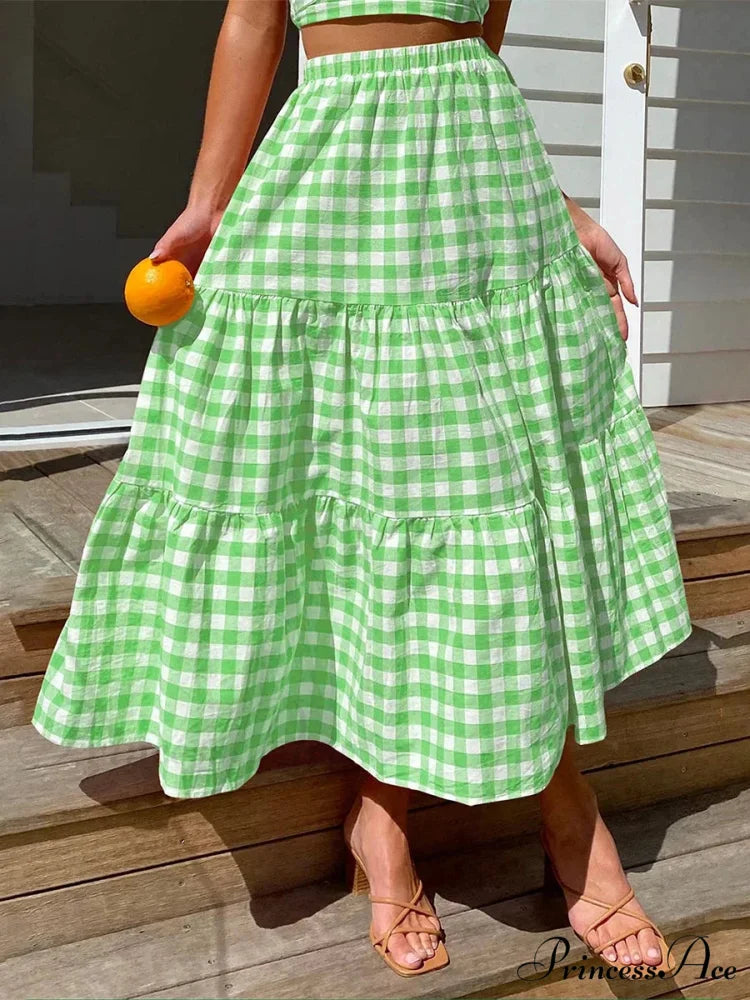 Checkered Layered Patchwork Skirt Green / S skirts-250223